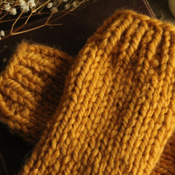 Hand Knit Fingerless Gloves, Armwarmers in Mustard Yellow Yarn, Womens - Picture 2 of 9
